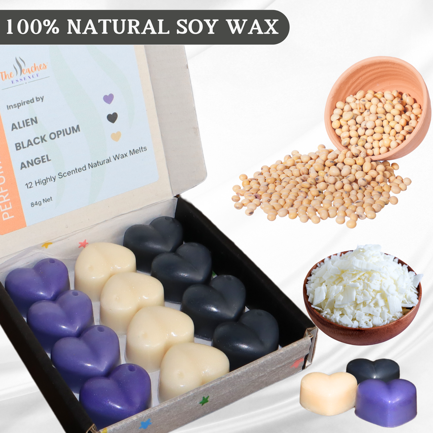 Highly Scented Heart-Shaped 12 x 7g wax melts, 100% Natural Soy Wax, Handmade, Vegan, Pet-Friendly. Inspired by Alien, Angel and Black Opium