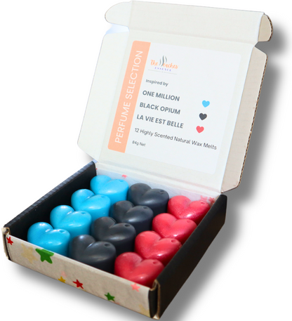 Highly Scented Heart-Shaped 12 x 7g wax melts, 100% Natural Soy Wax, Handmade, Vegan, Pet-Friendly. Inspired by One Million, Black Opium and La Vie Est Belle