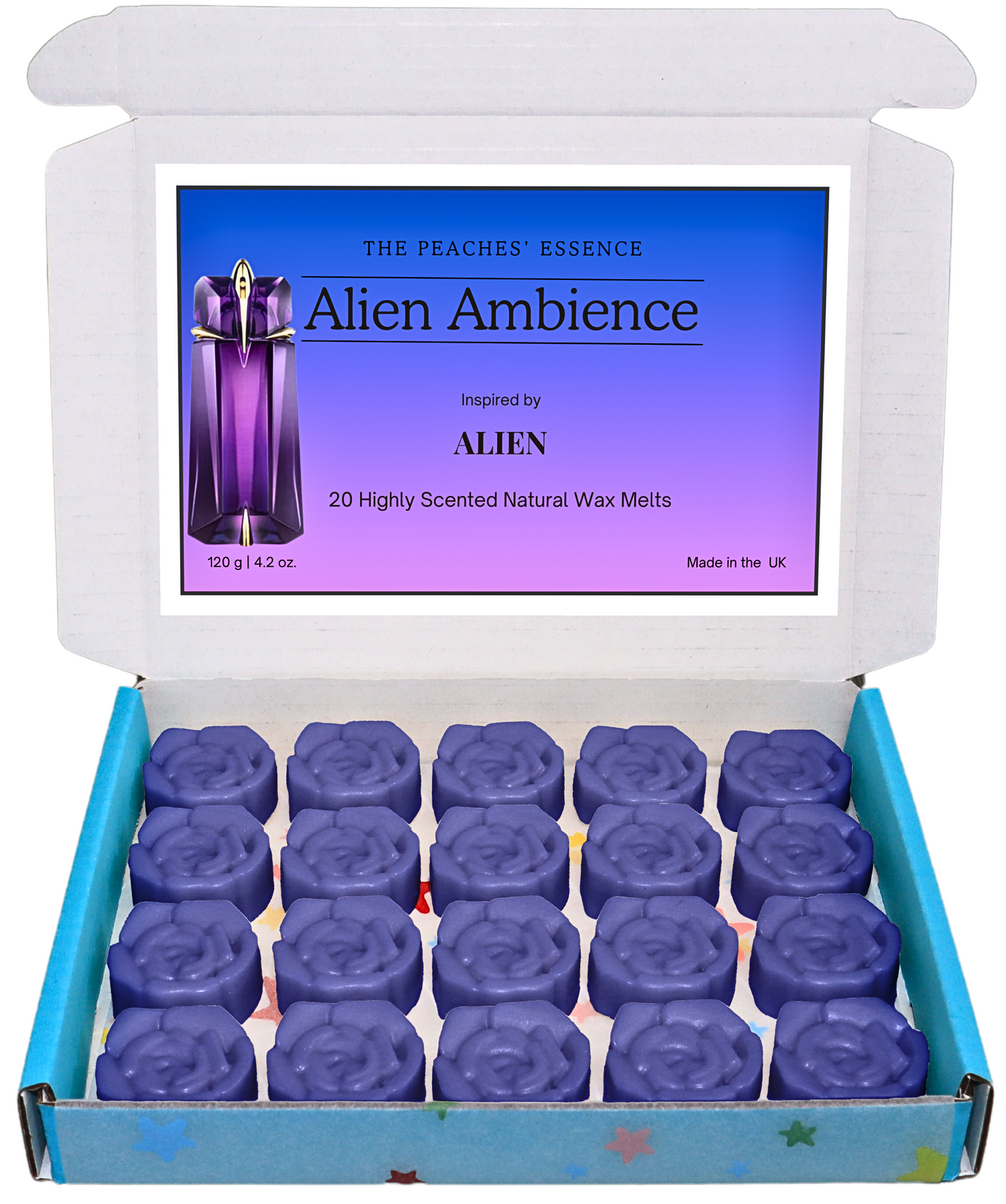 Highly Scented Flower-Shaped 20 x 6g Wax Melts, 100% Natural Soy Wax, Handmade, Vegan, Pet-Friendly. Inspired by Alien Perfume