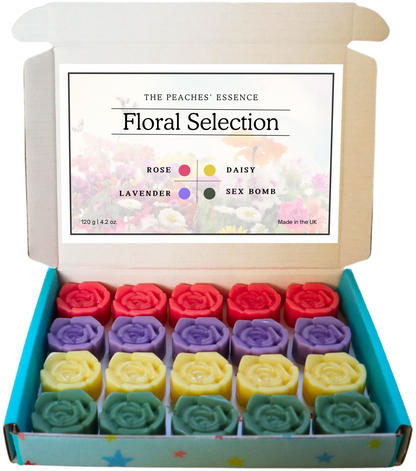 Highly Scented Flower-Shaped 20 x 6g wax melts, Rose, Lavender, Daisy and Sex Bomb fragrance. 100% Natural Soy Wax, Handmade, Vegan, Pet-Friendly.