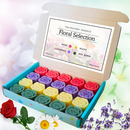 Highly Scented Flower-Shaped 20 x 6g wax melts, Rose, Lavender, Daisy and Sex Bomb fragrance. 100% Natural Soy Wax, Handmade, Vegan, Pet-Friendly.