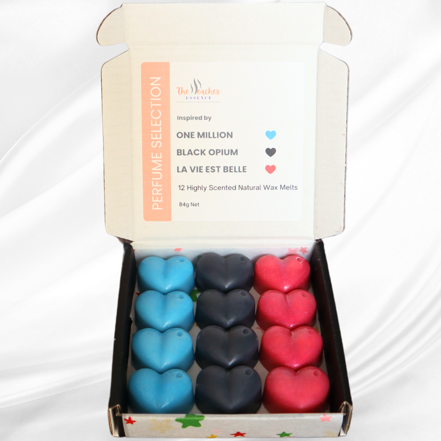 Highly Scented Heart-Shaped 12 x 7g wax melts, 100% Natural Soy Wax, Handmade, Vegan, Pet-Friendly. Inspired by One Million, Black Opium and La Vie Est Belle