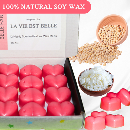 Highly Scented Heart-Shaped 12 x 7g wax melts, 100% Natural Soy Wax, Handmade, Vegan, Pet-Friendly. Inspired by La Vie Est Belle Perfume