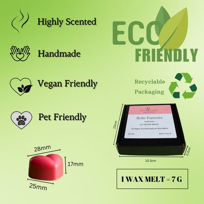 Highly Scented Heart-Shaped 12 x 7g wax melts, 100% Natural Soy Wax, Handmade, Vegan, Pet-Friendly. Inspired by La Vie Est Belle Perfume