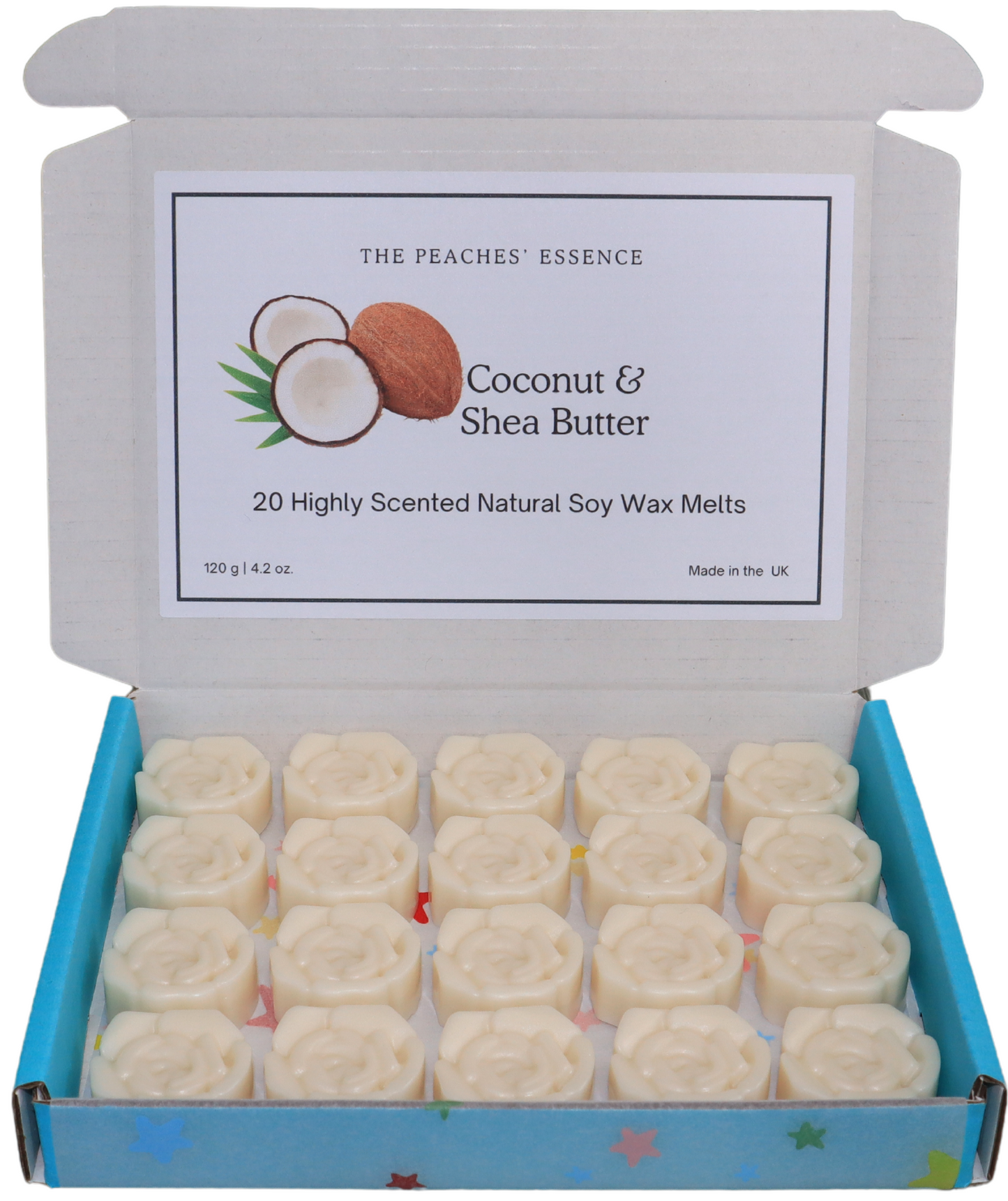 Coconut and Shea butter Wax Melts: Highly Scented Flower-Shaped 20 x 6g wax melts, 100% Natural Soy Wax, Handmade, Vegan, Pet-Friendly, made