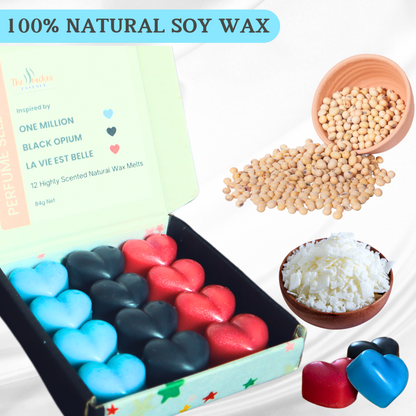 Highly Scented Heart-Shaped 12 x 7g wax melts, 100% Natural Soy Wax, Handmade, Vegan, Pet-Friendly. Inspired by One Million, Black Opium and La Vie Est Belle