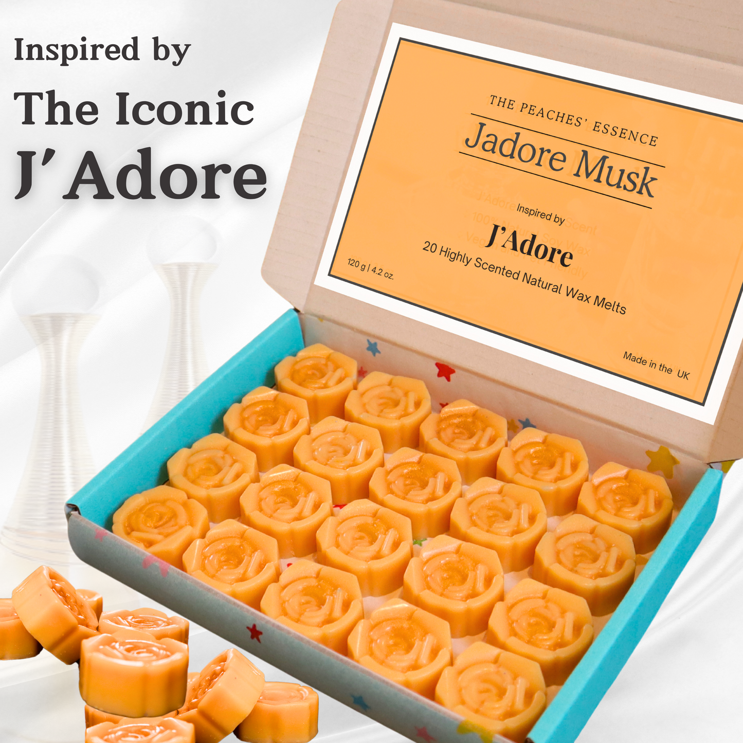 Highly Scented Flower-Shaped 20 x 6g wax melts, 100% Natural Soy Wax, Handmade, Vegan, Pet-Friendly. Inspired by J'Adore Perfume