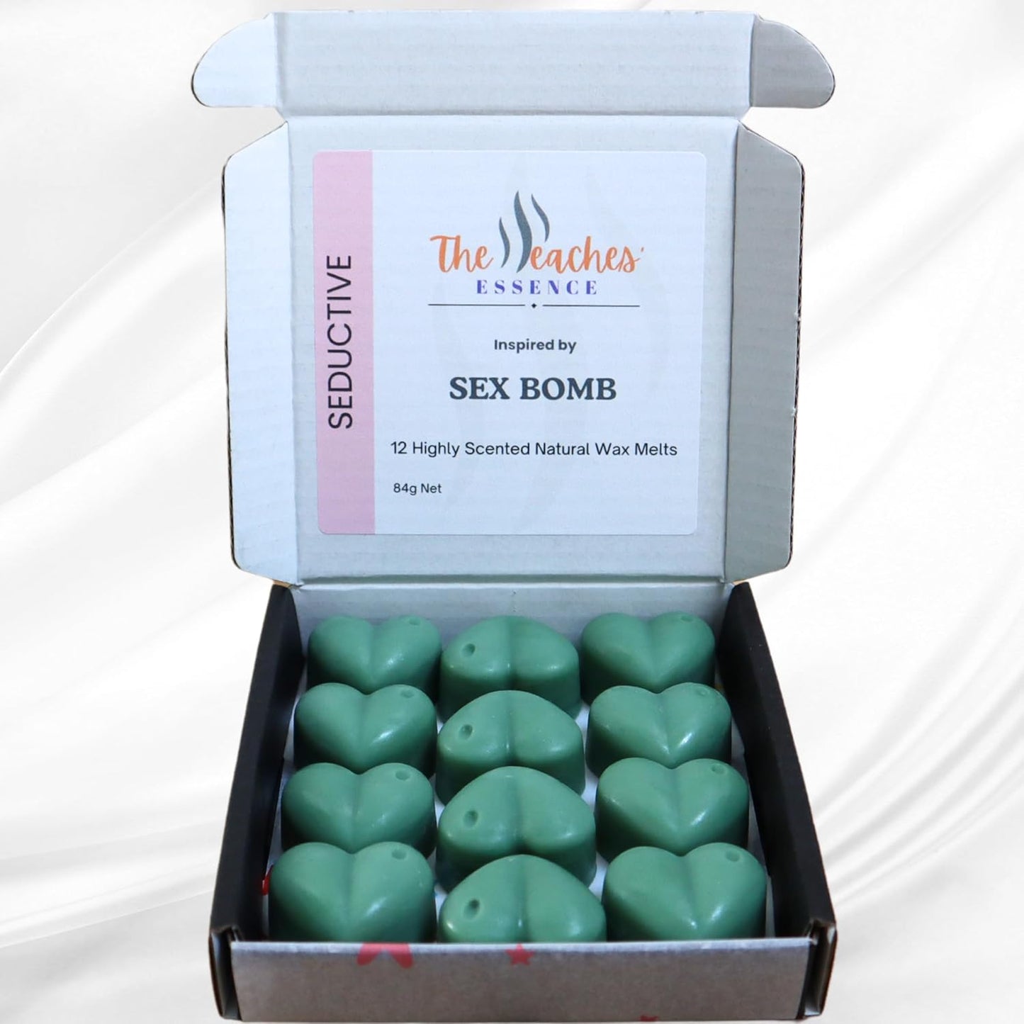 Highly Scented Heart-Shaped 12 x 7g wax melts, 100% Natural Soy Wax, Handmade, Vegan, Pet-Friendly. Inspired by Sex Bomb Fragrance