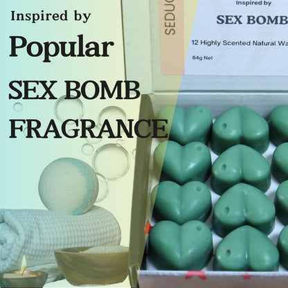 Highly Scented Heart-Shaped 12 x 7g wax melts, 100% Natural Soy Wax, Handmade, Vegan, Pet-Friendly. Inspired by Sex Bomb Fragrance