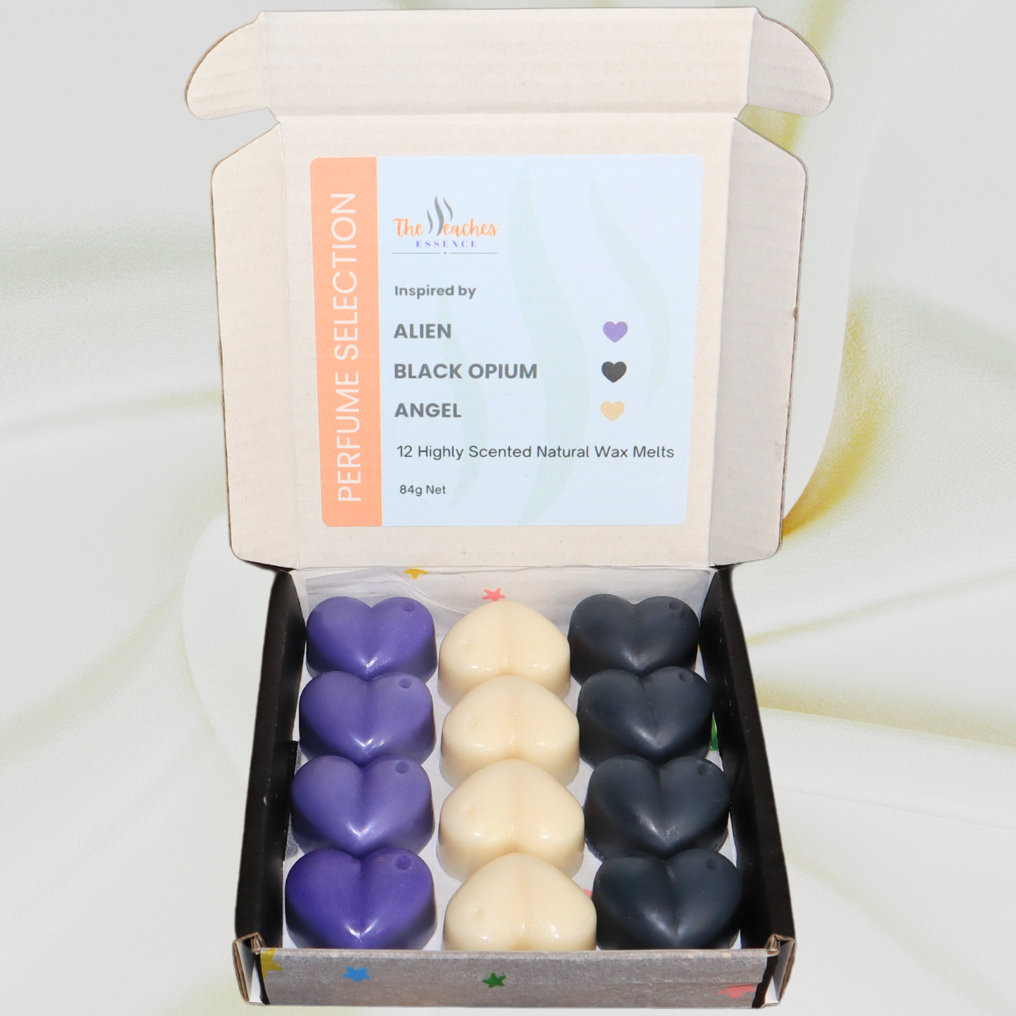 Highly Scented Heart-Shaped 12 x 7g wax melts, 100% Natural Soy Wax, Handmade, Vegan, Pet-Friendly. Inspired by Alien, Angel and Black Opium